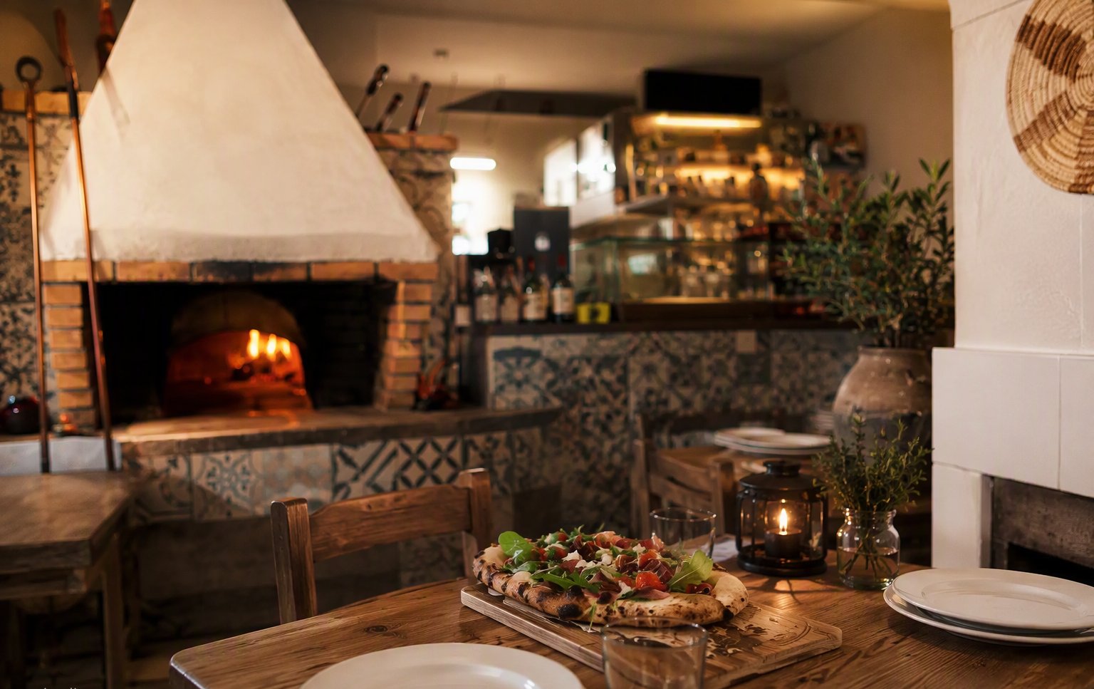 La sala della pizzeria con il forno a legno
